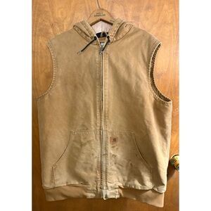Vintage Carhartt Hooded Brown Duck Canvas Work Vest XL Tall Thrashed Quilt Lined